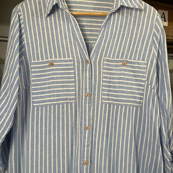 ZARA LINEN BLEND MIDI SHIRTDRESS BLUE & WHITE STRIPED LARGE CASUAL LONG SLEEVE - Picture 2 of 3